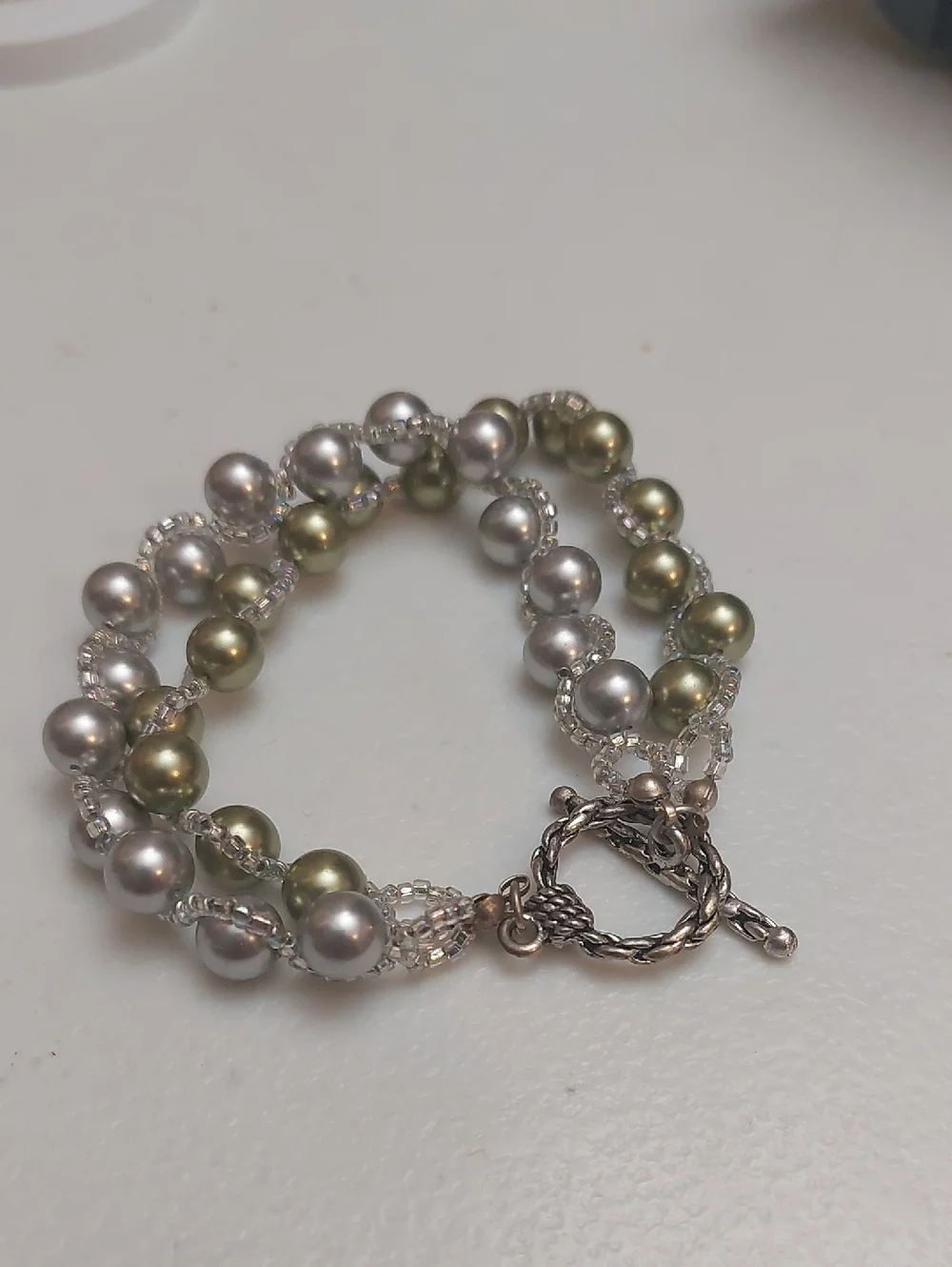 Vintage Artisal Double Strands Gray Green Faux Pearls Beaded Toggle Bracelet